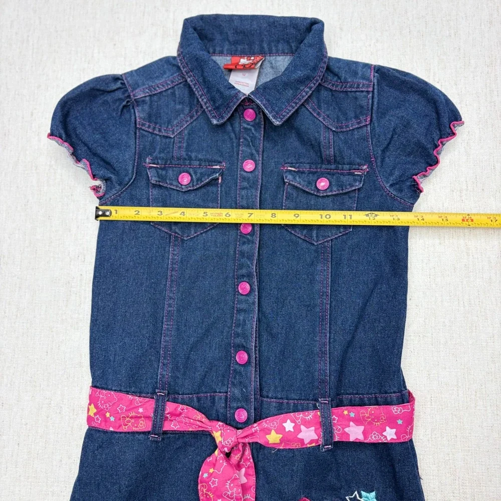 Hello Kitty Girls Denim Shirt Dress Blue Pink Ruffle Embroidered Size 12 Y2K